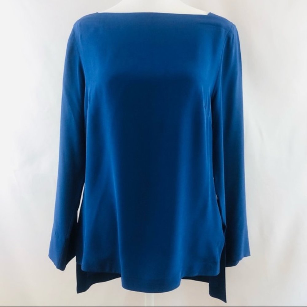 Trina Turk Dark Blue 100% Silk Wide Neck Bateau Tunic Top, S